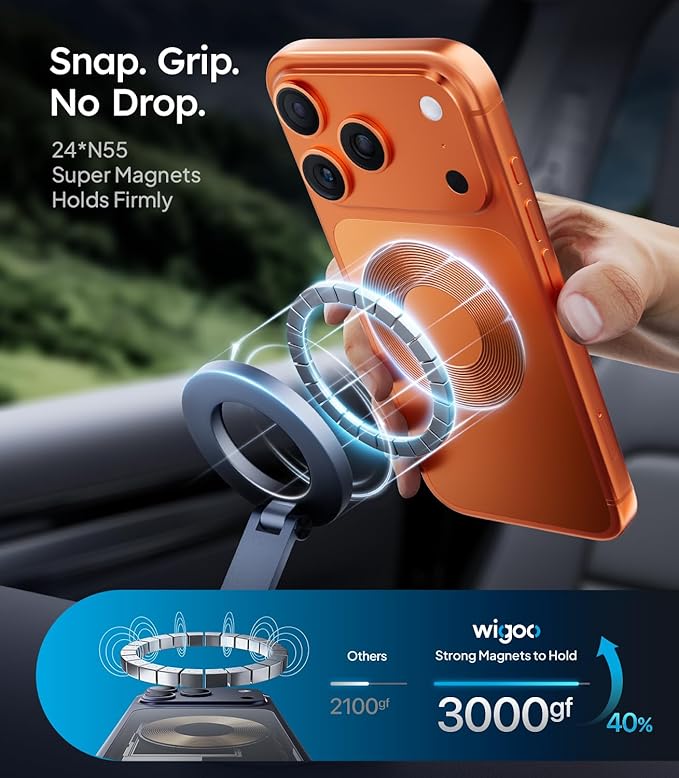 Wigoo Vacuum Magnetic Phone Holder for Car for Magsafe [80LBS Suction & 3000gf Magnetic] 360° Adjustable Car Phone Mount, Cell Phone Holders for Your Car, for iPhone 17 Pro Max 16 15 14 13 12 Air Plus