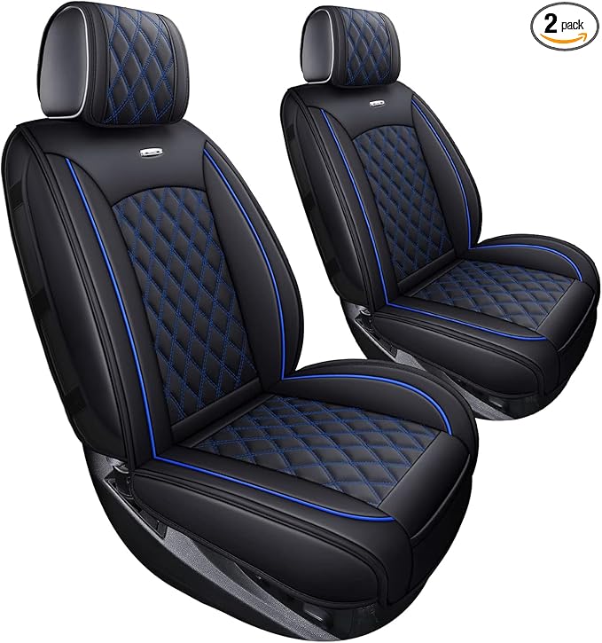 Aierxuan Chevy Silverado GMC Sierra Car Seat Covers Pickup Trail Boss Z71 Custom Fit 2007-2025 1500 2500HD 3500HD Crew Double Extended Cab Waterproof Leather Cushions (2 PCS Front, Black-Blue)