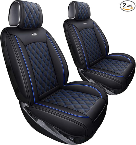 Aierxuan Chevy Silverado GMC Sierra Car Seat Covers Pickup Trail Boss Z71 Custom Fit 2007-2025 1500 2500HD 3500HD Crew Double Extended Cab Waterproof Leather Cushions (2 PCS Front, Black-Blue)