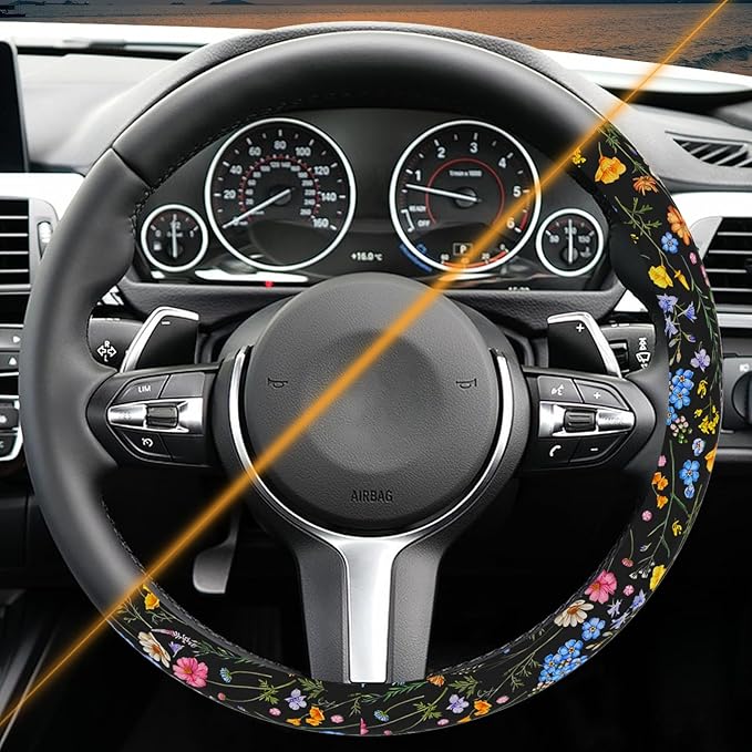 Wildflower Steering Wheel Cover for Women Men, Anti-Slip Breathable and Sweat Absorption Universal 14.5-15 Inch Cute Steering Wheel Protector, Wildflower Floral Car Accessories