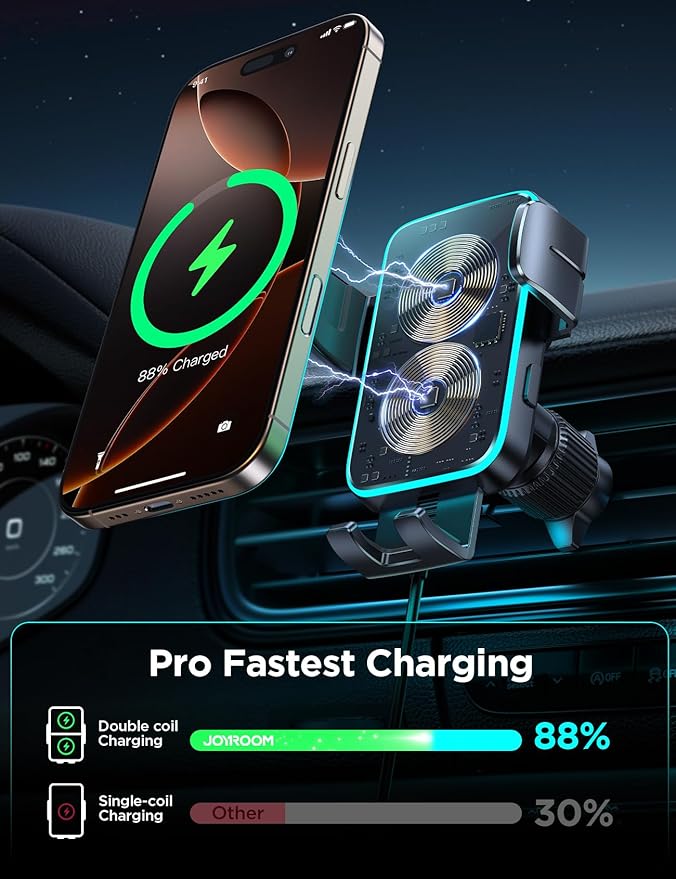 JOYROOM Wireless Car Charger Mount【Dual Coil】 Car Phone Holder Charger with Auto Smart Clamping Alignment for iPhone 16 Pro Max 15 14 13 12 11 Pro Max, Samsung Flip, Galaxy S24/S24/S22/21Ultra