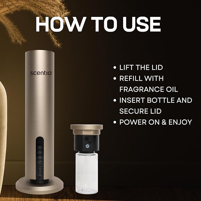 Scentia Max Diffuser for Home – Waterless Scent Diffuser with Wireless Control & Programmable Settings | Covers 1500 Sq Ft | Cold-Air Technology | Gold | Hotel Oils Included
