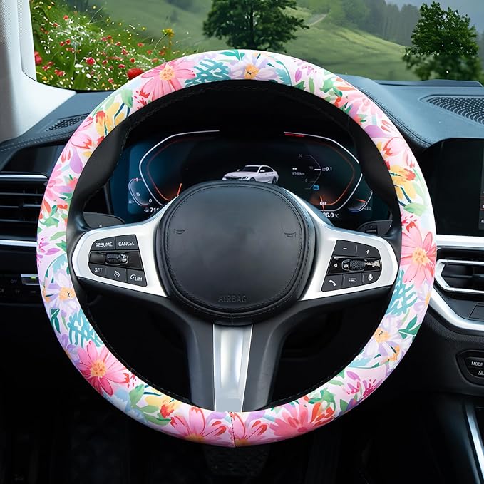 60s Multicolored Ditsy Vintage Flowers Steering Wheel Cover Auto Steering Wheel Protector, Anti-Slip, Breathable, Absorbing Sweat, Universal Car Accessories 14.5–15 inch,Fit for Most Car, Trucks, SUV