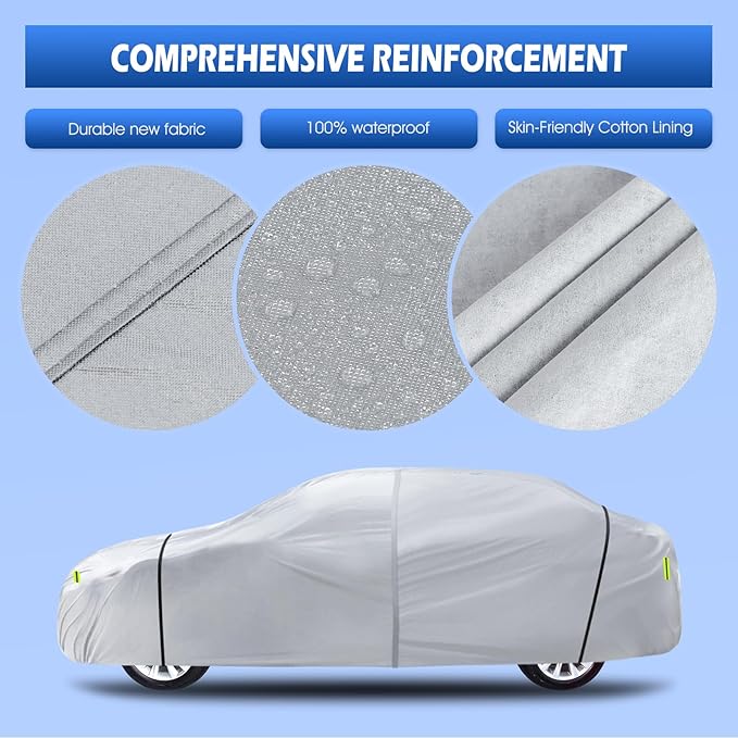 6 Layers Car Cover Waterproof All Weather for Automobiles, Size A2 with Door Zipper & Cotton Universal Fit for Toyota Corolla, Honda Civic, Kia Forte (178-186 inch), Silver