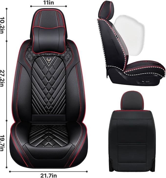Universal Leather Seat Covers for Cars - Auto Seat Protector with Headrest, Wear-Resistant Car Seat Cushion (Black & Red, 2 Seats)