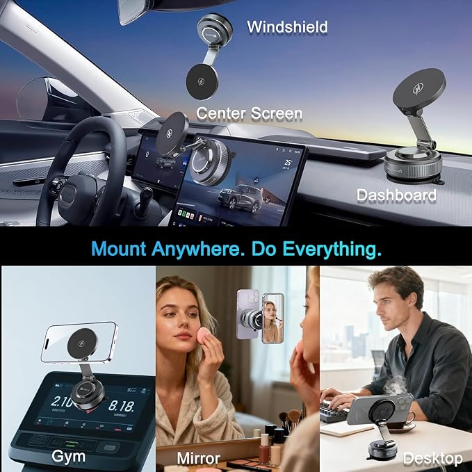 15W Fast for Magsafe Car Mount Charger, 360 Rotation Vacuum Magnetic Phone Holder for Your Car/Gym/Mirror, Nano Gel Suction Cup Phone Mount for Magsafe iPhone 17 16 15 Pro Max Air