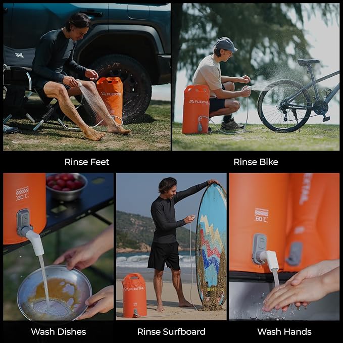 FLEXTAILGEAR Camping Shower Bucket with Built-in Electric Pump, Portable Camp Shower, 5 Gallons Rechargeable Pressure Outdoor Shower Bag, Large Water Inlet