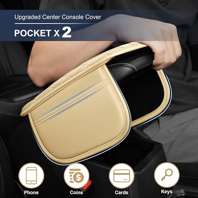 YORKNEIC Center Console Cover Fit for Ford Expedition: Middle Console Cover with 2 Storage Pocket,Faux Leather Waterproof Anti-Scratch Car Armrest Cover Protector(Beige)