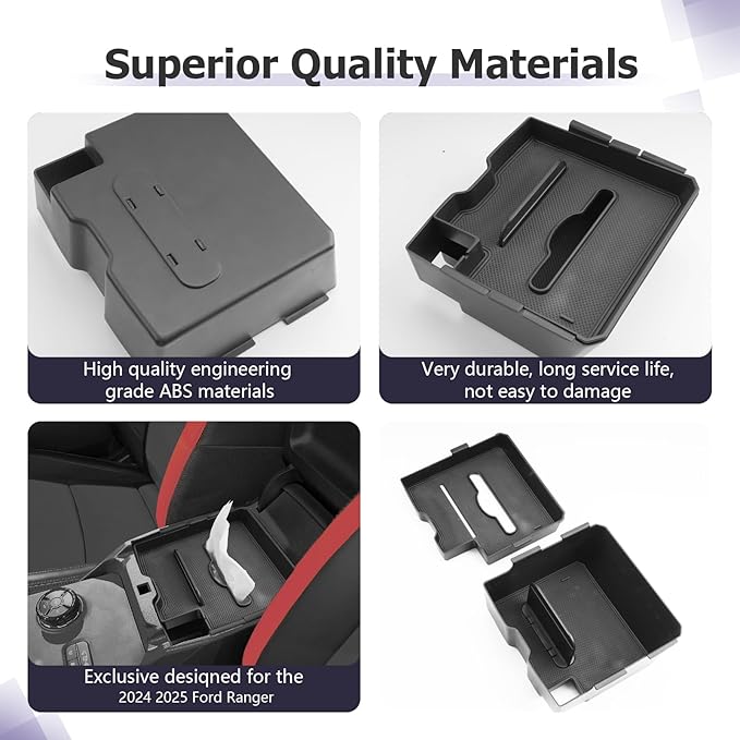 LUWU 2025 Ranger Center Console Organizer Compatible with 2024 2025 Ford Ranger Console Organizer Tray Ranger XL/XLT/Lariat/Raptor Armrest Storage w/Tissue Box 2024 2025 Ford Ranger Accessories 2PCS
