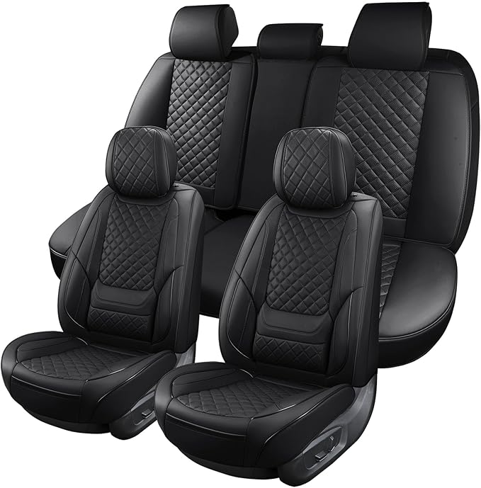 Leather Car Seat Covers Full Set Breathable Automotive Seat Covers Waterproof Seat Protectors Universal Fit for Most Automotive Cars SUV Trucks Van (Black, Full Set)