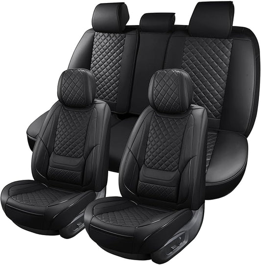 Leather Car Seat Covers Full Set Breathable Automotive Seat Covers Waterproof Seat Protectors Universal Fit for Most Automotive Cars SUV Trucks Van (Black, Full Set)
