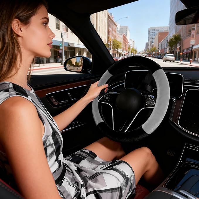 SEG Direct Car Steering Wheel Cover for F-150 Tundra Range Rover 15.25-16 inch, Warm Plush, Summer Winter, Black and Gray