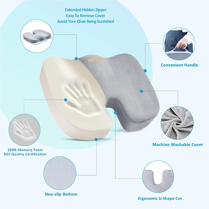 SAIREIDER Lumbar Support Pillow and Office Chair Cushion, Memory Foam Car Seat Cushions Back Support Pillows, Reduce Pressure On Tailbone and Sciatic Nerve, Relieve Pain of Back and Lumbar(Grey)