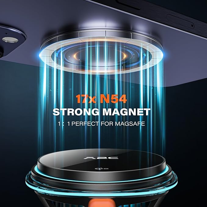 A2C for Qi2 15W Magsafe Car Mount Charger for Dashboard, Qi2-Certified Wireless MagSafe Car Charger with Semiconductor Cooler, Vacuum Magnetic Phone Holder for iPhone 17-12 Series [with PD Adapter]