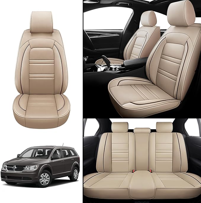 Seat Covers for Dodge Journey 2009-2020 | 5-Seats Leather Seat Covers, Easy to Install Automotive Seat Covers Full Set (Full Set, Beige)