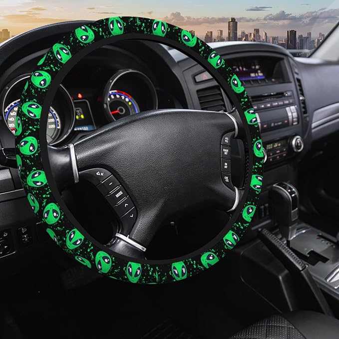 Green Alien Steering Wheel Cover - 15 Inch Universal Car Wheel Cover for Auto, Truck, Vans