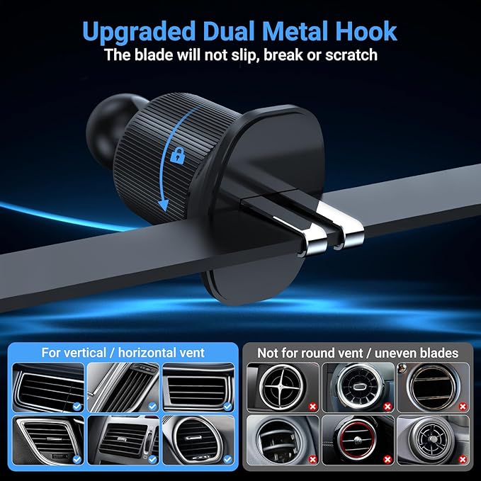 This Hill 15W Fast Magnetic Car Phone Mount - 2-in-1 Dashboard/Air Vent Mount with 360° Rotation & Secure Double Hook Clip, Includes QC 3.0 Adapter, Compatible with MagSafe Case,iPhone,Samsung,Google