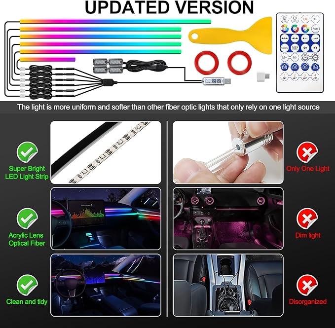 Acrylic Interior Car LED Strip Light with USB/Type C, Dreamcolor 10 in 1 with 187 inches 650 LEDs Ambient Lighting Kits, Sound Active Function Neon Accessories