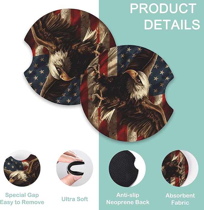 American Flag and Bald Eagle Steering Wheel Cover for Women Men,Anti-Slip Breathable Car Steering Wheel Cover Elastic Protection with 2 Pieces Car Coasters,Universal 15" Fit Auto,Suvs,Truck