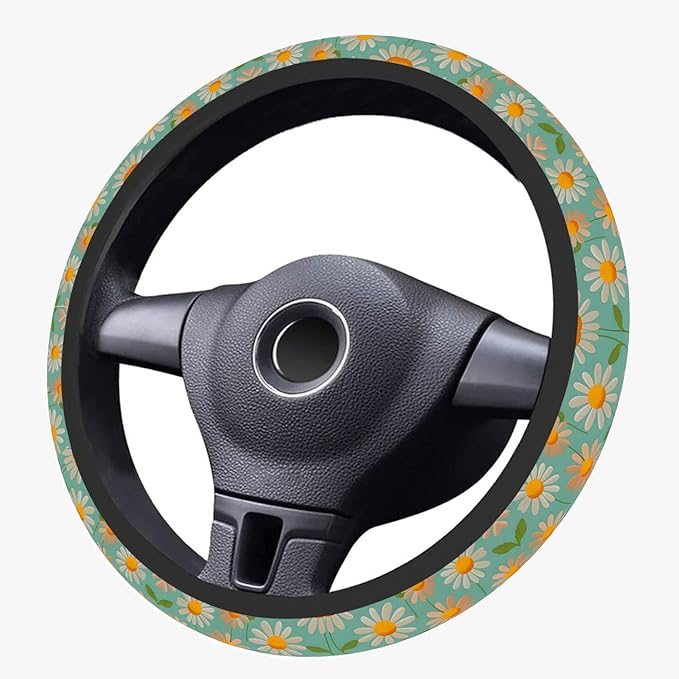 Personalized Floral Daisy Flowers Steering Wheel Cover, Non-Slip Breathable Neoprene Elastic Stretch Universal Car Accessories 14.5–15 inch