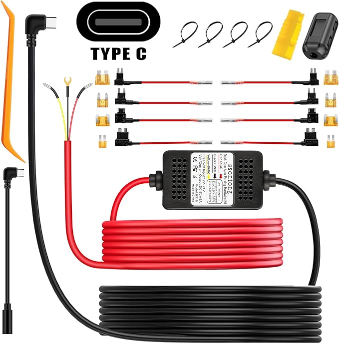 Dash Cam Hardwire Kit, Acc Hardwire Kit for Dash Camera Type C 3-Lead Hard Wire Kit 12V-24V to 5V USB-C Hard Wire Kit w/Low Voltage Protection 13ft Charger Power Cord for GPS Radar Detectors and More