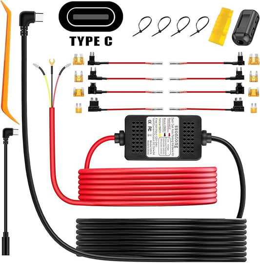 Dash Cam Hardwire Kit, Acc Hardwire Kit for Dash Camera Type C 3-Lead Hard Wire Kit 12V-24V to 5V USB-C Hard Wire Kit w/Low Voltage Protection 13ft Charger Power Cord for GPS Radar Detectors and More