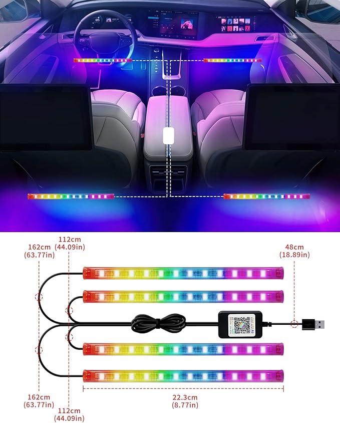 YM E-Bright RGB LED Strip Lights for Car App Control with Remote Led Lights car Interior with Charger Music Sync Under Dash Footwell Neon Lighting Kit w/USB Cable DC 12V