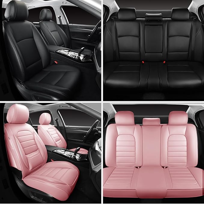Pink Car Seat Covers Full Set, Universal Faux Leather Seat Covers for Cars 5 Seats, Waterproof Leather Car Seat Covers, Comfortable Automotive Seat Covers for Most Sedans Trucks SUVs