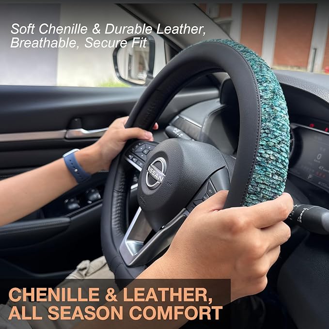 PINCTROT D Shaped Chenille Leather Steering Wheel Cover, Soft Mottled Colors, Sweat-Proof, Non-Slip Grip, All-Season Comfort, Flat Bottom 14.5-15 Inch(Mottled Teal)