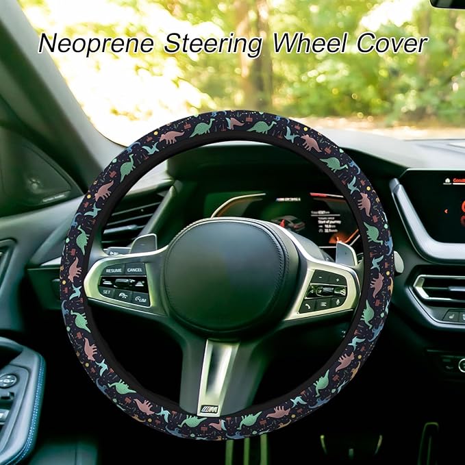 Dinosaur Steering Wheel Covers Rainbow Dino Happy Birthday Cake Confetti Balloon Steering Wheel Cover Universal Car Accessories 15 Inch Steering Wheel Cover for Trucks Auto Vans