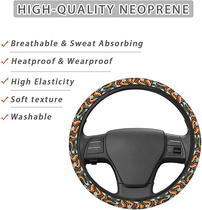 Groovey Waves Daisy Steering Wheel Covers Anti-Slip Elasticity Car Accessories Steering Wheel Protector Universal 15 Inch for Cars SUV Vehicle Truck