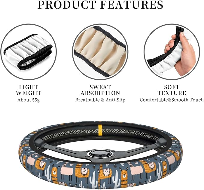 Dujiea Tribe Cute Llama Elastic Stretch Steering Wheel Cover, Anti-Slip and Durable Car Steering Wheel Accessories for Women Men, 15 Inch Universal Fit Car, Truck, SUV