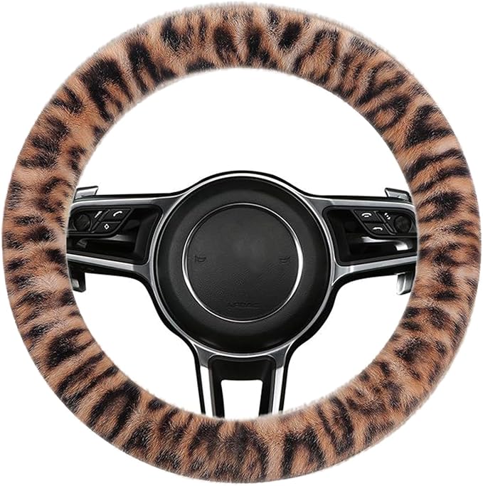 Fluffy Cheetah Car Steering Wheel Cover Luxurious Faux Fur Leopard Print Cute Wheel Protector Universal 15 Inch Fit for Vehicle, Car, Auto, SUV Winter Warm (Ginger)