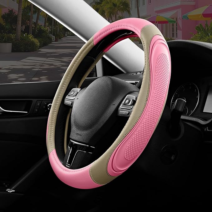 Road Comforts Car Steering Wheel Cover - Microfiber Leather Steering Wheel Wrap Sports 14.5-15 Inch Steering Wheel Cover Non-Slip for Men Women Pink & Beige Color
