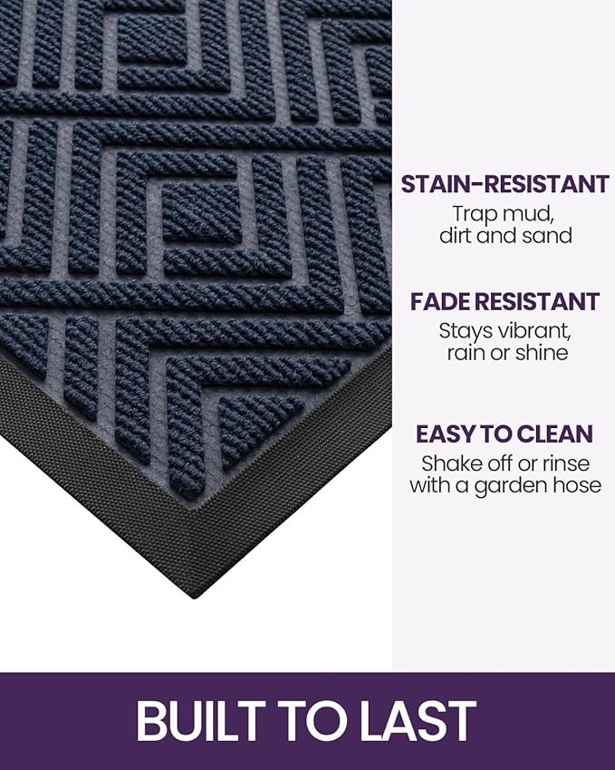 DEXI Front Door Mat Outside Entrance, Heavy Duty Rubber Backed Doormat, Stain and Fade Resistant, Low-Profile Easy Clean Entryway Floor Mats, 17x29, Checkered Navy
