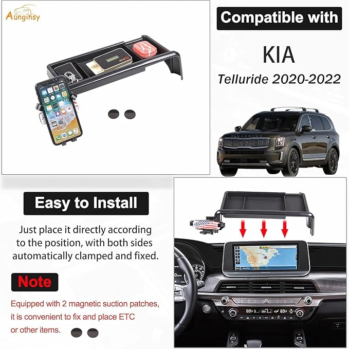 Aunginsy Center Console Dash Storage Tray with Phone Holder Compatible with Kia Telluride 2020-2022 Dashboard Storage Box Organizer Mobile Phone Mount Bracket Dash Storage Tray Interior Accessories