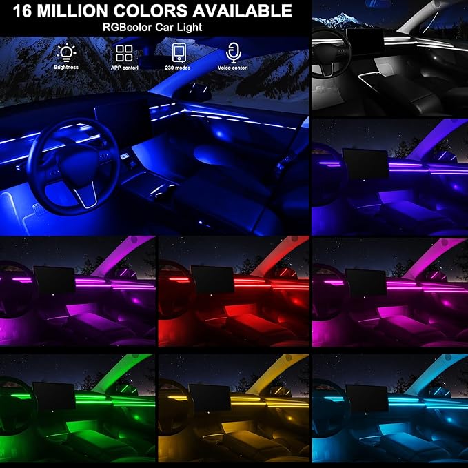 Acrylic Interior Car LED Strip Light with Wireless APP, Car Accessories 18 in 1 with 175 inches 593 LEDs Fiber Optic Ambient Lighting Kits, RGB Dynamic Music Sync Neon LED Strip Light for Car