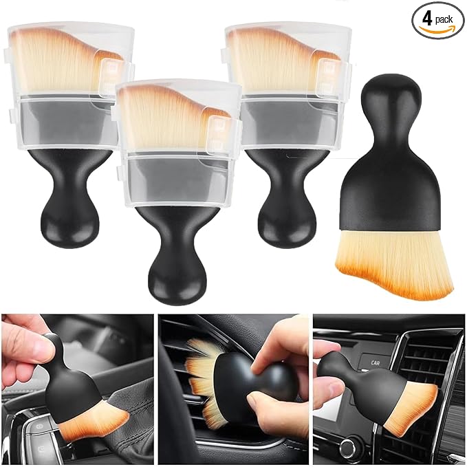 4 Pcs Car Interior Cleaning Tool,Car Interior Detailing Brush,Car Cleaning Brush Dust Collectors, Car Interior Cleaning Soft Brushes,Curved Design Dirt Dust Clean Brushes