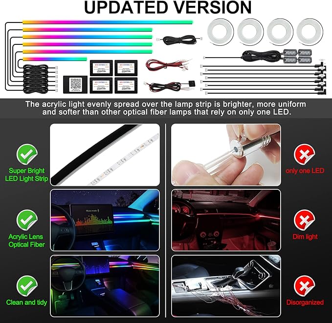 Dreamcolor Acrylic Interior Car LED Strip Light with Wireless APP, RGB 22 in 1 with 175 inches 593 LEDs Fiber Optic Ambient Lighting Kits, 16 Million Colors Sound Active Function Car Neon Lights