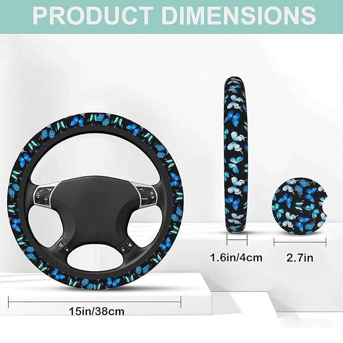 Watercolor Blue Butterfly Steering Wheel Cover for Women Men,Anti-Slip Breathable Car Steering Wheel Cover Elastic Protection with 2 Pieces Car Coasters,Universal 15" Fit Auto,Suvs,Truck