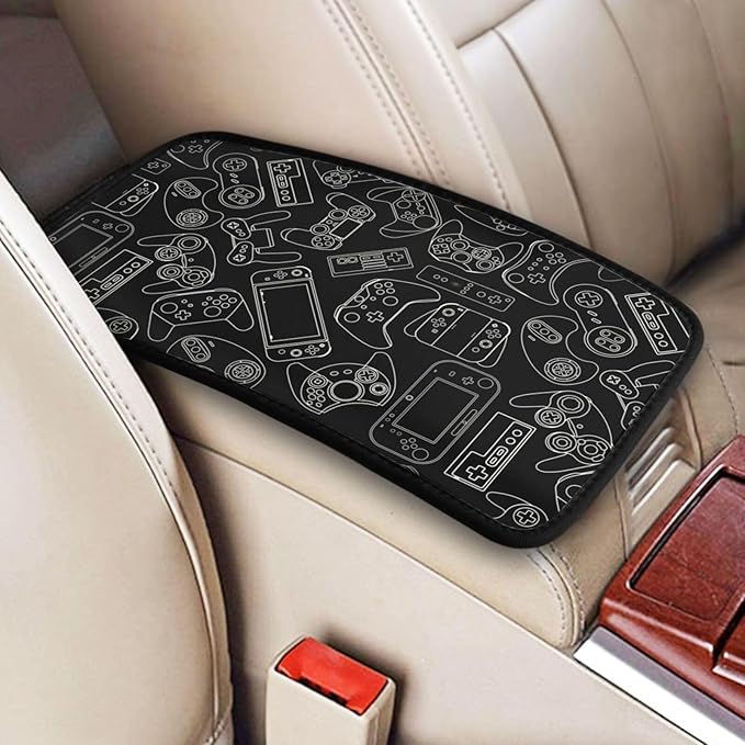 Black Video Game Controller Gamer Player Console Cool Gamepad Auto Center Console Armrest Pad Universal Car Center Console Cover Seat Box Cover for Sedan, Van, SUV, Truck Car Accessorie