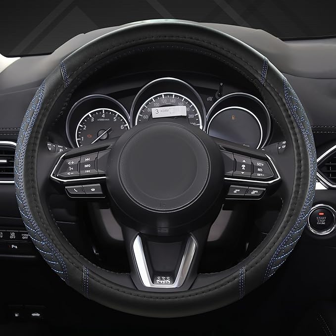 West Llama Microfiber Leather Car Steering Wheel Cover Universal Fit 15-15.5 inch SUV,Sedan,Car,Trucks(Black+Blue Line-M-Large Size)