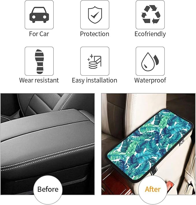 Palm Leaves Leaf Tropical Hawaiian Summer Green Auto Center Console Armrest Pad Universal Car Center Console Cover Seat Box Cover for Sedan, Van, SUV, Truck Car Accessorie
