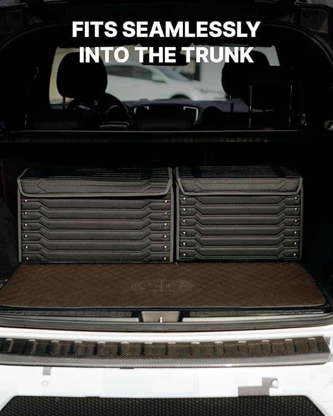 Owleys Trunk Storage 17.7" Collapsible Crate For Groceries, Tools & Travel Gear - Eco-Leather Car Organizer With Magnetic Lid - Practical Birthday Gift For Men (Highway 17)