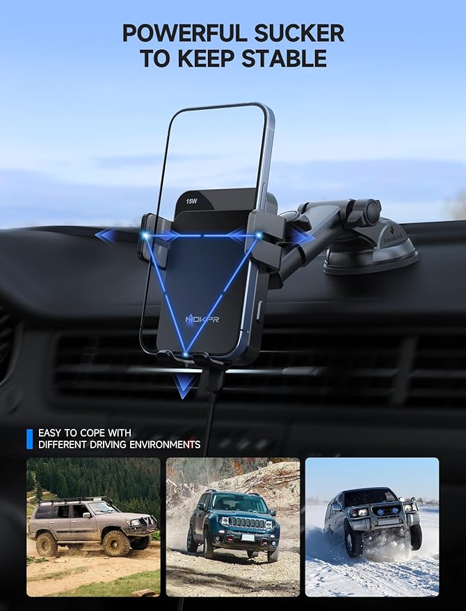 Wireless Car Charger, MOKPR 15W Auto Clamping Car Charger Dash Windshield Air Vent Phone Holder Compatible with iPhone 16 15 14/13/13 Pro/12 pro/12/11/X/8, Samsung S24/S23/S22