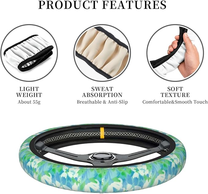Dujiea Botanical Flowers and Leaves Elastic Stretch Steering Wheel Cover, Anti-Slip and Durable Car Steering Wheel Accessories for Women Men, 15 Inch Universal Fit Car, Truck, SUV