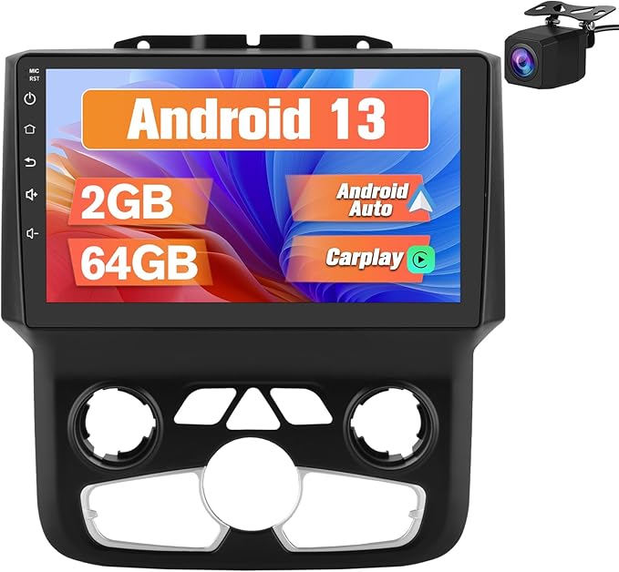 Car Radio Stereo Upgrade for Dodge RAM 1500/2500/3500 2013-2018 Auto AC, Android Head Unit with 9 Inch Touch Screen/Backup Camera/Wireless CarPlay & Android Auto/Mirroring/Wi-Fi/Bluetooth/SWC