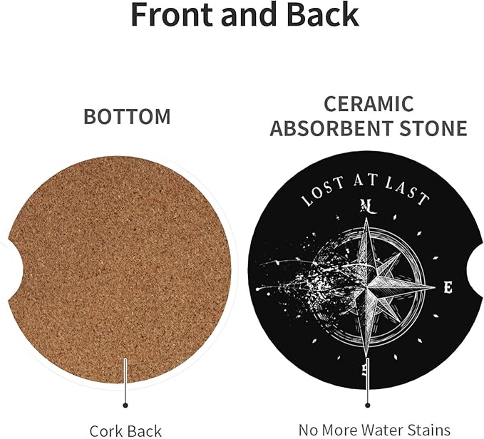 Absorbent Car Coasters for Cup Holders, 2 Pack Universal Anti Slip Ceramic Cup Coaster for Women Men 2.56 Inch Car Interior Accessories - Compass Lost at Last 023
