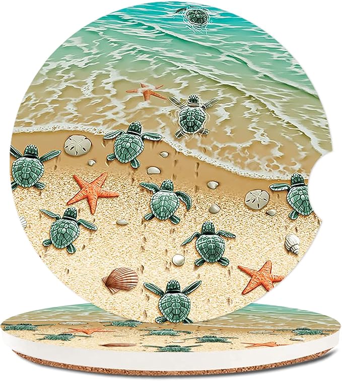 Turtles On The Beach Absorbent Cup Holders Car Coasters,Ceramic Stone Drinks Coaster Set for Women Man 2.56"(2 Pack)