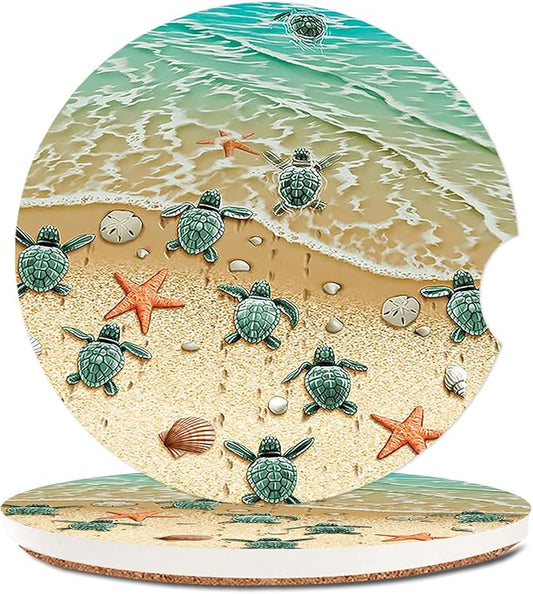 Turtles On The Beach Absorbent Cup Holders Car Coasters,Ceramic Stone Drinks Coaster Set for Women Man 2.56"(2 Pack)